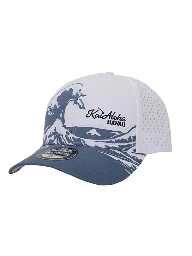 White hat with KaiAloha blue wave design on front of hat and cap. KaiAloha Hawaii written on the front left.