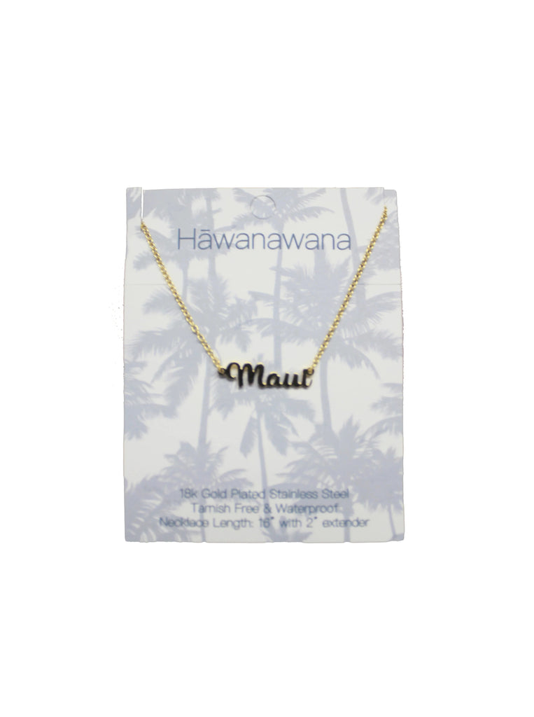 Our gold Maui script necklace features the word 'Maui' in cursive font. There are adjustable closures for sizing purposes. 