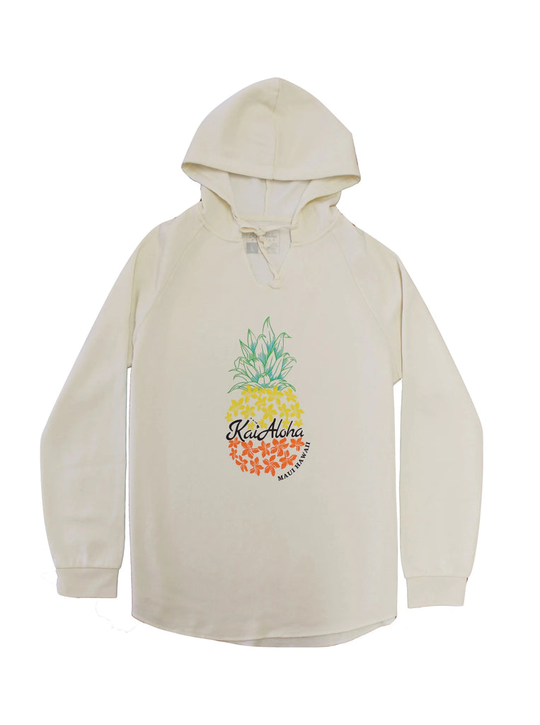 This women's fleece hoodie is lightweight and loose fitting. The only featured design is a pineapple on the front split into 3 colors: green, yellow, and orange. Our brand name is written horizontally across the pineapple with Maui, Hawaii written on the bottom right of the pineapple. 