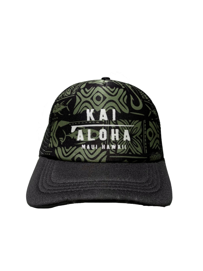 Tapa tribal print front cover of the hat with KaiAloha Maui Hawaii branding printed at the forefront.
