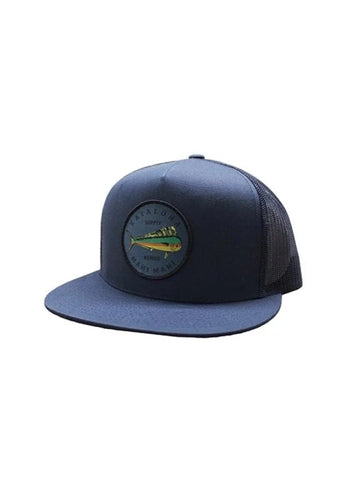 Navy base with navy mahi patch on the front. KaiAloha mahi patch on the back near adjustment strap.