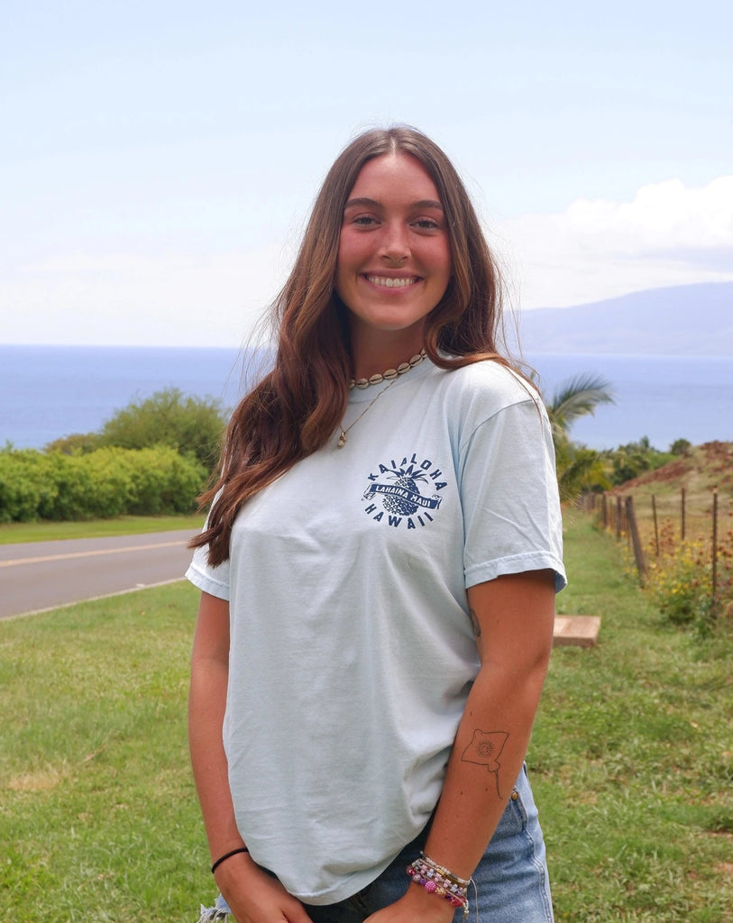 Just like Pineapples are a symbol of Hawaii, this Pine Stamp Tee is a symbol of KaiAloha!  Features:  100% ring spun cotton Soft-washed, garment-dyed fabric Top-stitched, classic width rib collar Twill-taped neck and shoulders Double-needle armhole, sleeve and bottom hems Made in Honduras