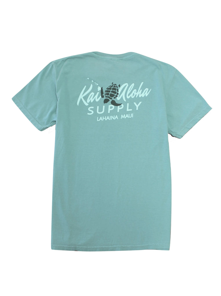 Our Honu Wave short sleeve t-shirt features our turtle design on the front top left chest. The back has this design enlarged in the center with a turtle in between KAI and ALOHA. The bottom writes LAHAINA MAUI.  