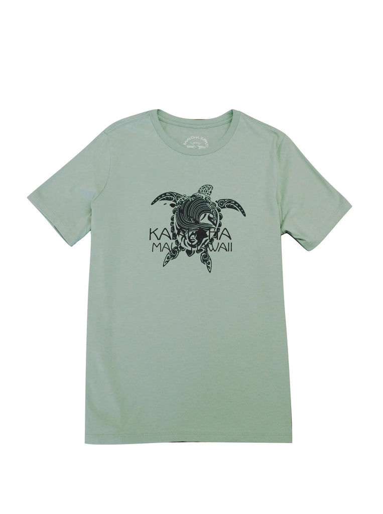 The sage tee has a dark green turtle on the front with an overlay of our KaiAloha logo and 'Maui Hawaii' underneath. This is the same design for the white tee, but the turtle is in a light blue with black font writing. 
