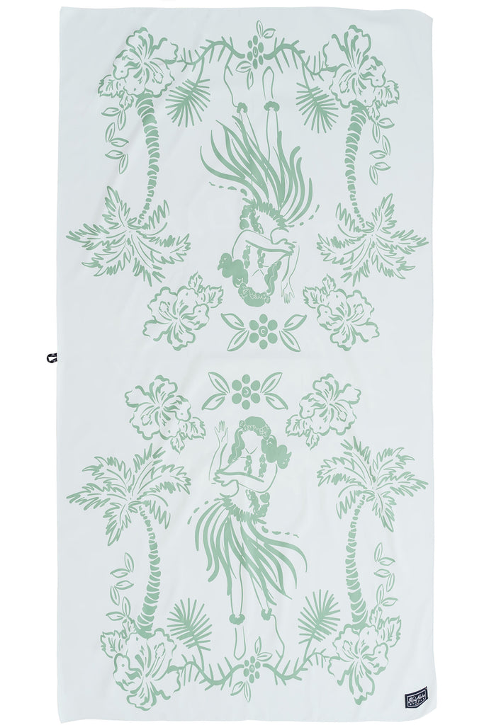 Towel with green hula dancer and palm tree design on a white background