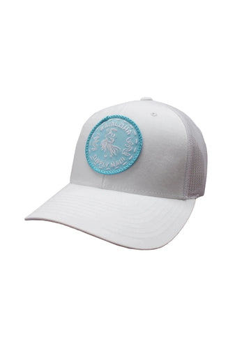 The front features a light blue embroidered patch and the back of the hat has a white label of the Hawaiian islands. 