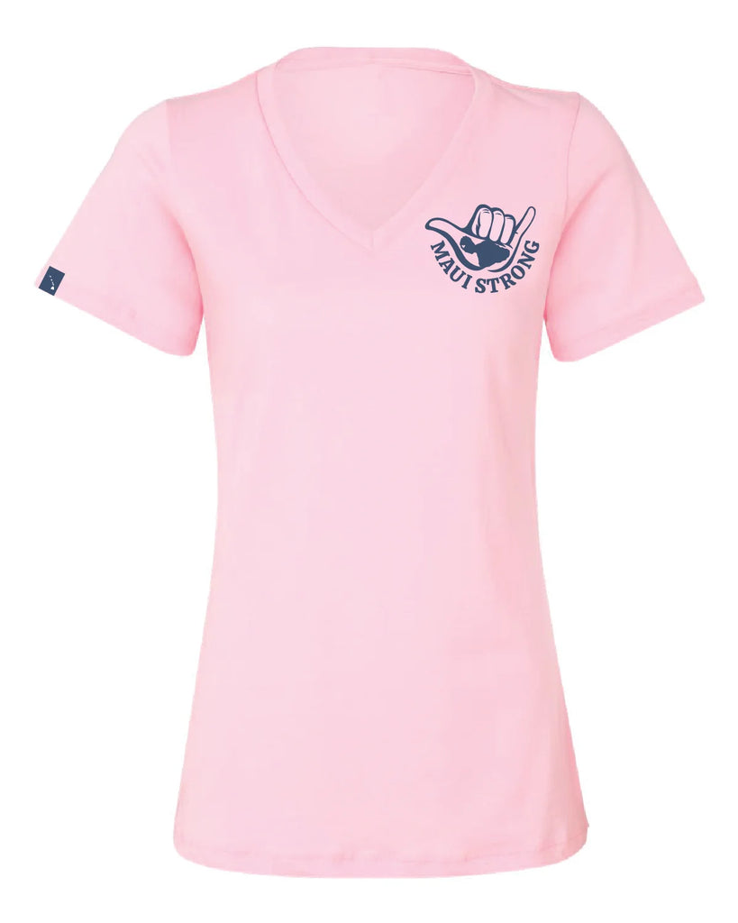 This is a light pink women's relaxed fit, v-neck t-shirt with a blue shaka of the island of Maui on the left front, writing "MAUI STRONG". The back has the same design as the front, but enlarged at the center. There is an island chain label on the right sleeve. 