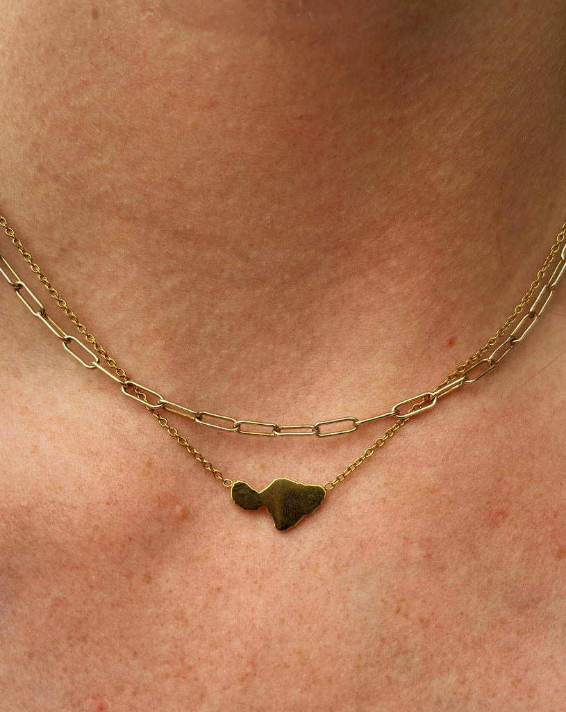Gold necklace with island of Maui pendant. 