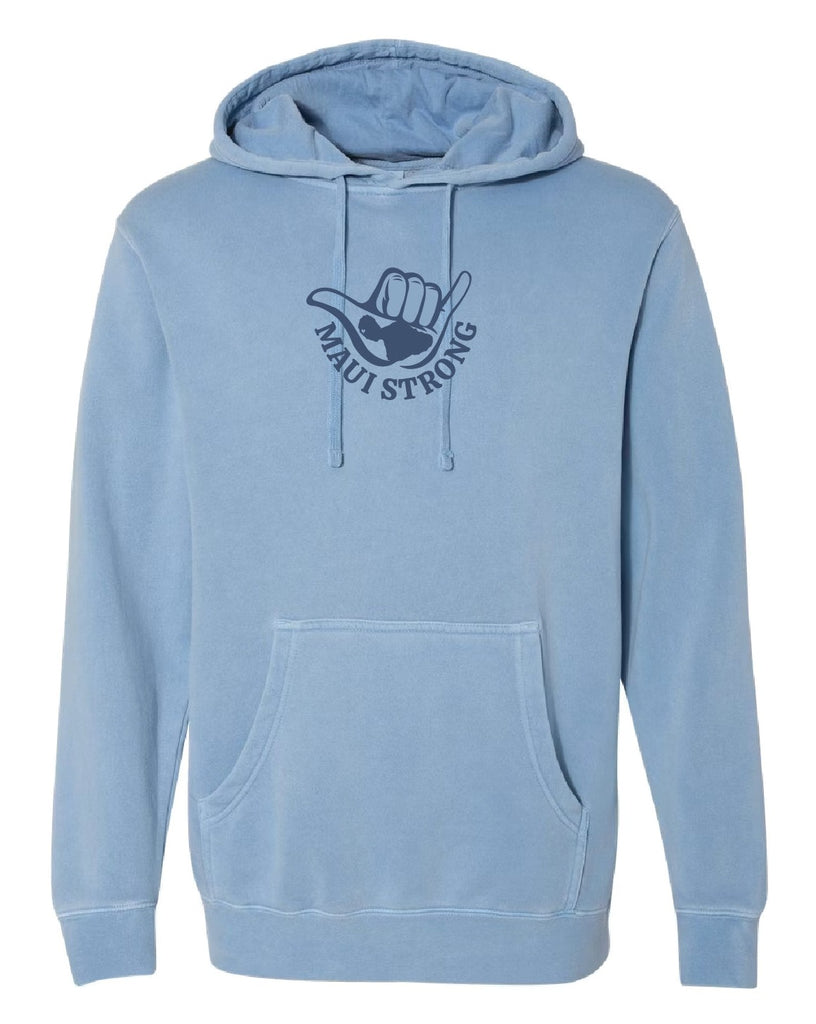 This hoodie features our navy Maui Strong logo on the front center and enlarged on the back center.