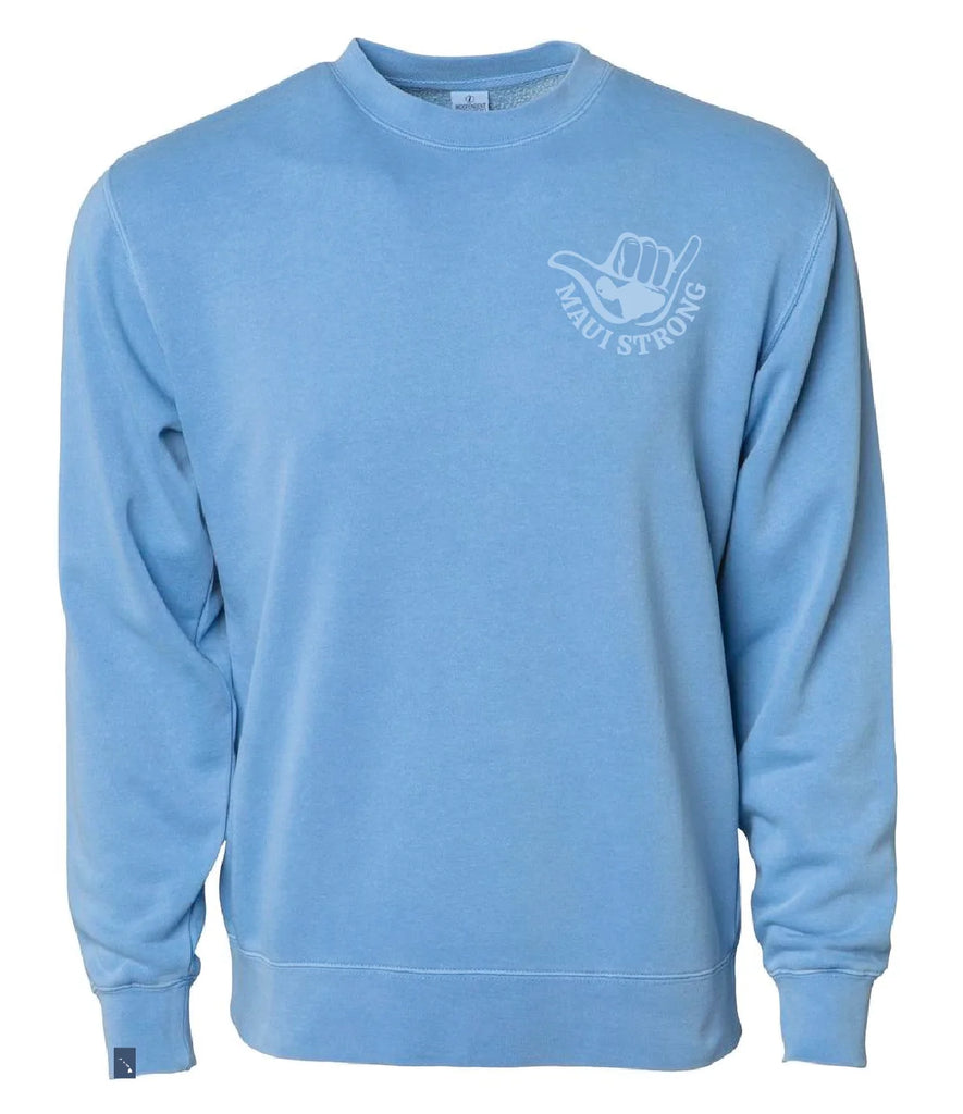 This is a light blue crewneck with a light blue shaka of the island of Maui on the left front, writing "MAUI STRONG". The back has the same design as the front, but enlarged at the center. There is an island chain label on the right cuff.