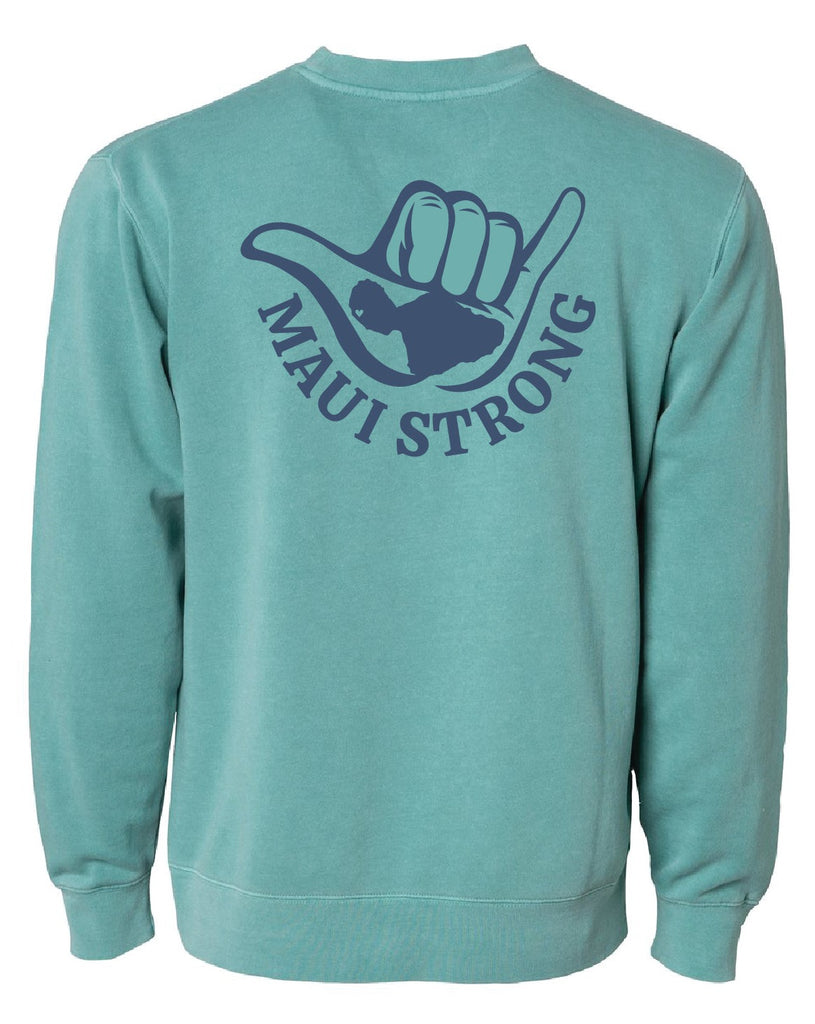 This crewneck has our navy Maui Strong logo on the front left chest and enlarged on the center back.
