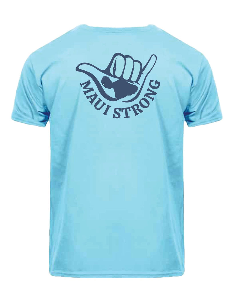 This is a sky blue t-shirt with a dark blue shaka of the island of Maui on the left front, writing "MAUI STRONG". The back has the same design as the front, but enlarged at the center. There is an island chain label on the right sleeve. 