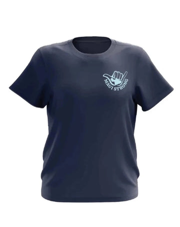 This is a navy blue t-shirt with a light blue shaka of the island of Maui on the left front, writing "MAUI STRONG". The back has the same design as the front, but enlarged at the center. There is an island chain label on the right sleeve. 