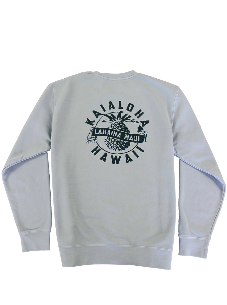 KaiAloha pine stamp design featured on the front left chest of the crewneck and enlarged on the center back. Lahaina Maui is integrated in the logo.