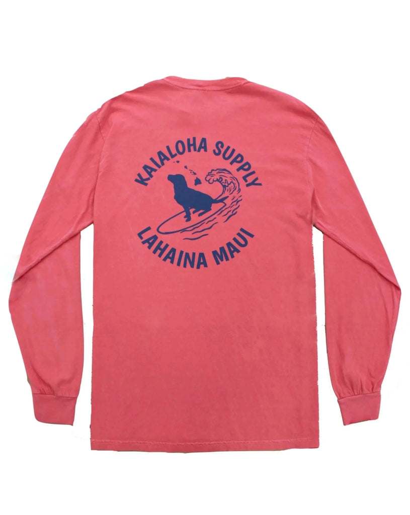 This long sleeve features a design of Poppy catching a wave on a surfboard. The design is enlarged in the back and the design is smaller on the front left chest. 