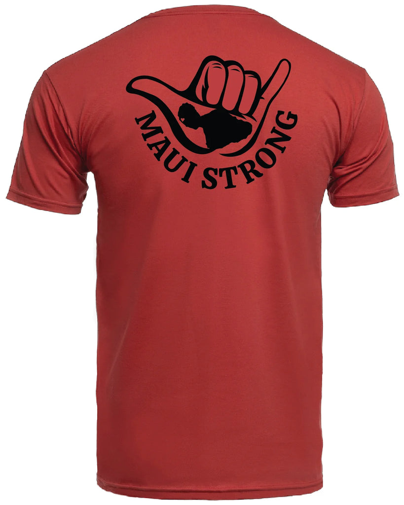 This is a red t-shirt with a black shaka of the island of Maui on the left front, writing "MAUI STRONG". The back has the same design as the front, but enlarged at the center. There is an island chain label on the right sleeve. 