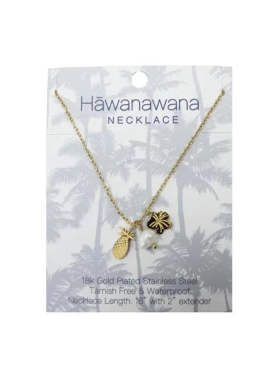 This necklace includes 3 different small-sized charms: pineapple, hibiscus flower, and a white pearl; All elements that will serve as little "Reminders of Hawaii"