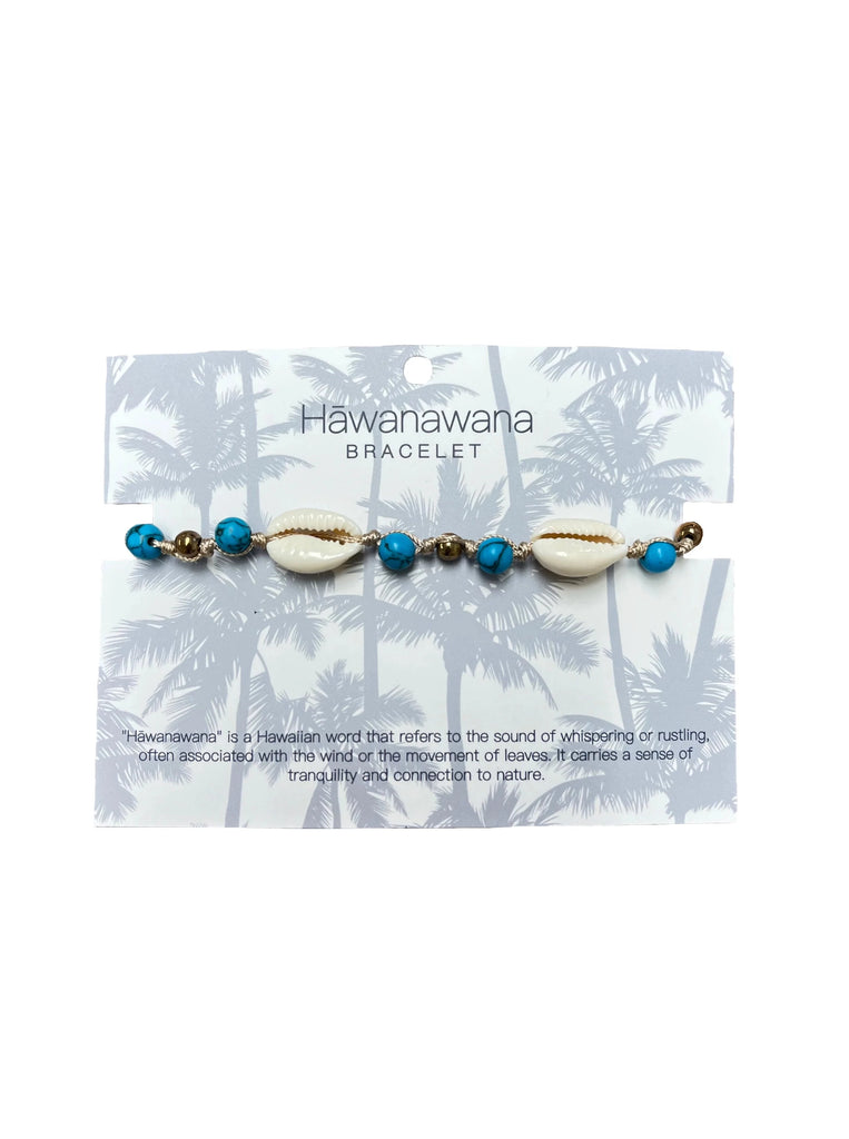 Shell bracelet with gold and blue small beading in between.