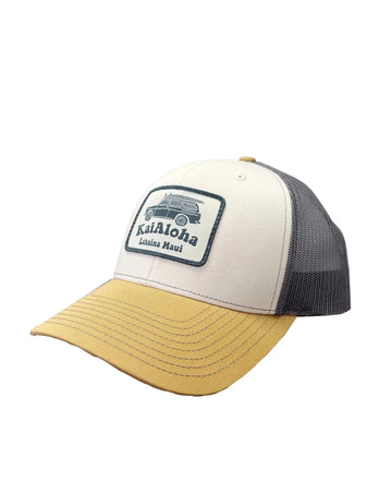 subtle soft yellow cap, tan base, gray snapback. Beach surf wagon tonal patch to match and aloha side patch on the back.