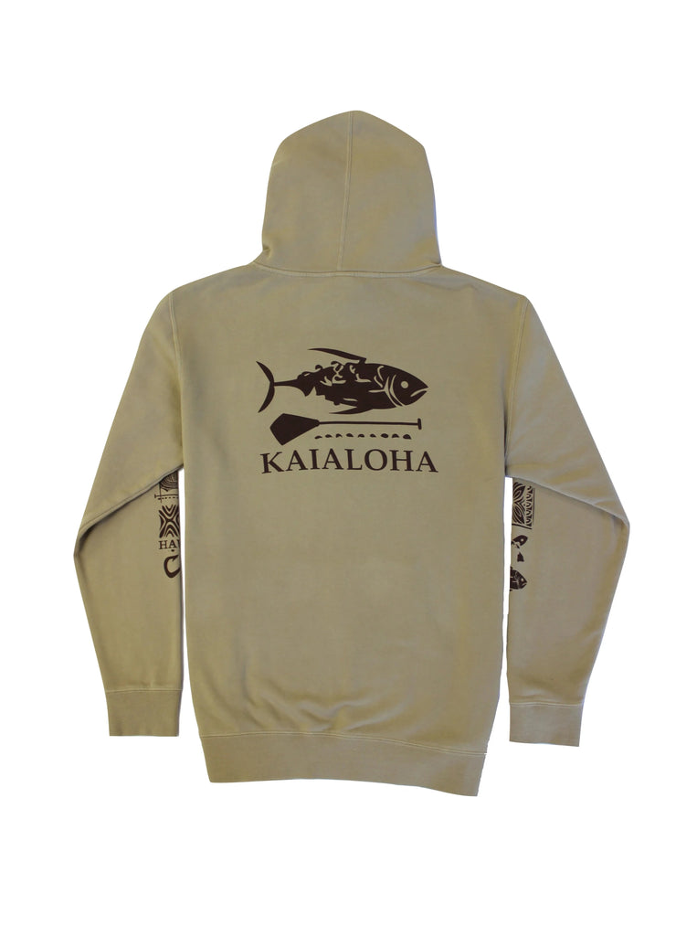 The front features a hook intertwined with the Hawaiian islands. The sleeves have the logos of a fish, tribal prints, and ocean wave. The back of the hoodie has an enlarged design of a fish and paddle underneath with our KaiAloha signature. 