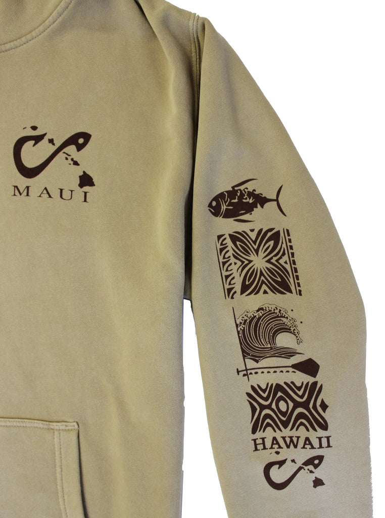 The front features a hook intertwined with the Hawaiian islands. The sleeves have the logos of a fish, tribal prints, and ocean wave. The back of the hoodie has an enlarged design of a fish and paddle underneath with our KaiAloha signature. 