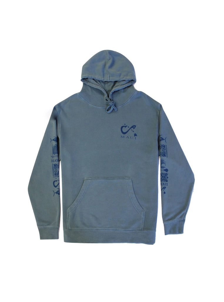 The front features a hook intertwined with the Hawaiian islands. The sleeves have the logos of a fish, tribal prints, and ocean wave. The back of the hoodie has an enlarged design of a fish and paddle underneath with our KaiAloha signature. 
