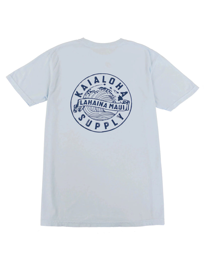 KaiAloha wave logo with Lahaina Maui at the center. Design at front left chest and enlarged on center back.