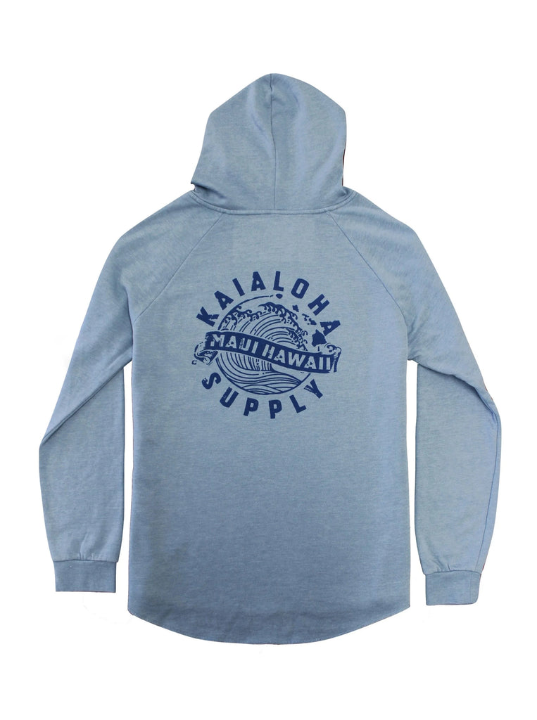 This hoodie is women's fit, loose, and lightweight. Inside is fleece soft. The front left chest features our wave design with ﻿MAUI HAWAII ﻿written across. ﻿KAIALOHA ﻿is written above and ﻿SUPPLY﻿ is below. The back of this hoodie features the same design as the front, but enlarged at the center.