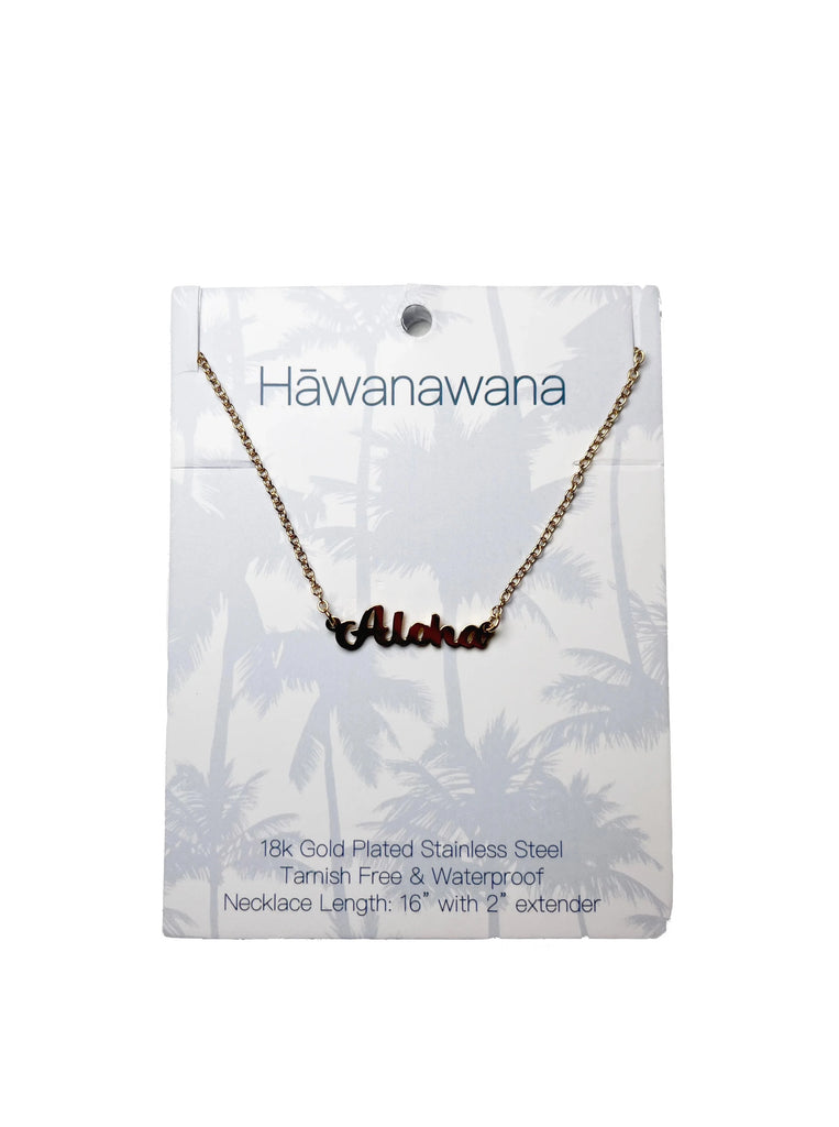 Gold necklace in cursive writing 'Aloha' 