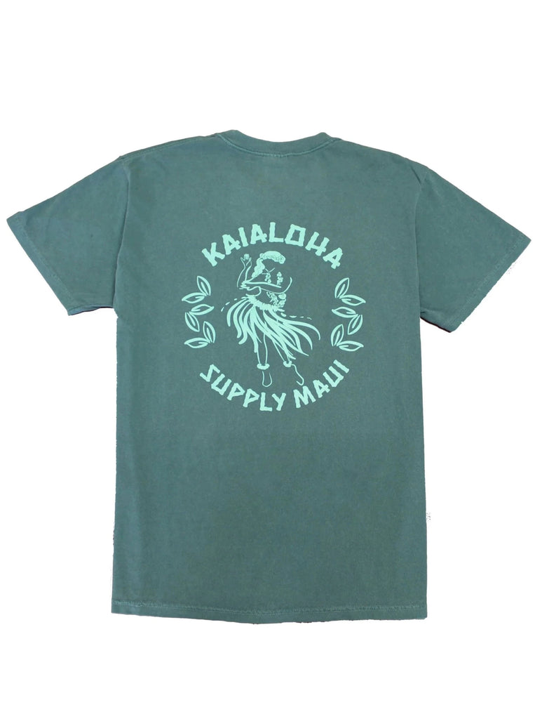 Hula girl design writing KaiAloha Supply Maui. Design on front left chest and enlarged on back center.