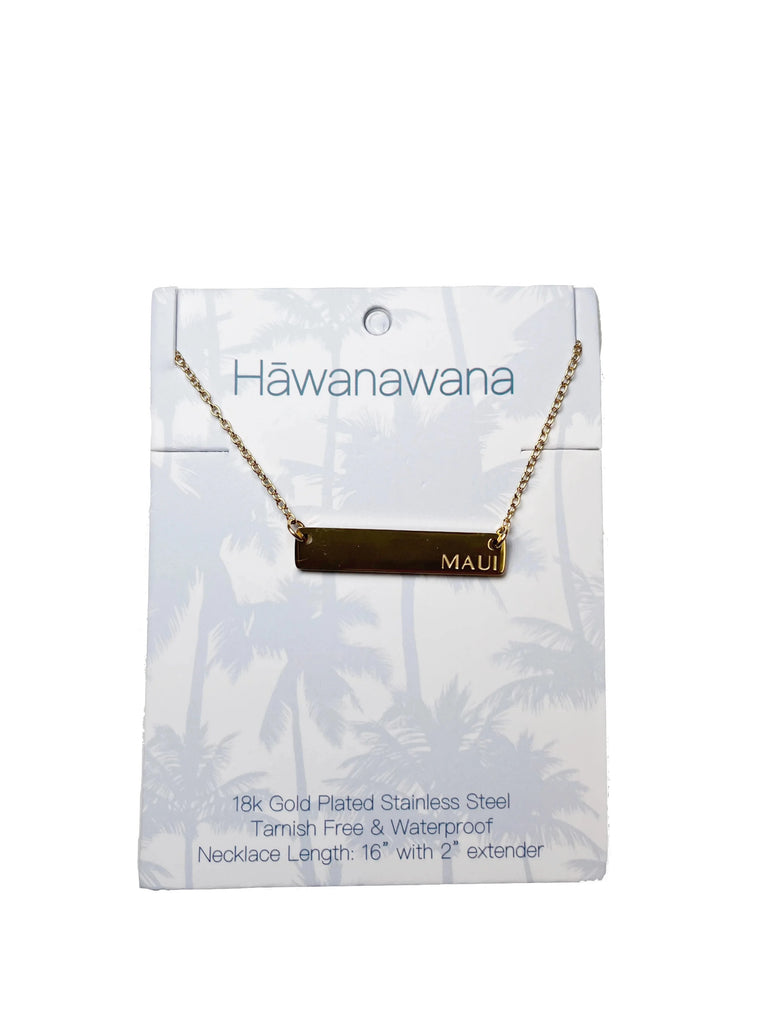 Rectangular shaped necklace with 'Maui' lettering engraved on the right side.