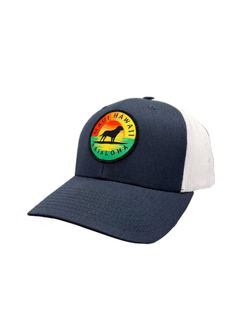 Blue and white base hat with rasta poppy patch at the front. Horizontal patch on the back above adjustment strap that says Aloha.