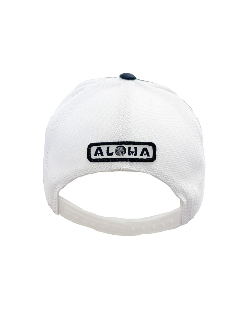 Blue and white base hat with rasta poppy patch at the front. Horizontal patch on the back above adjustment strap that says Aloha.