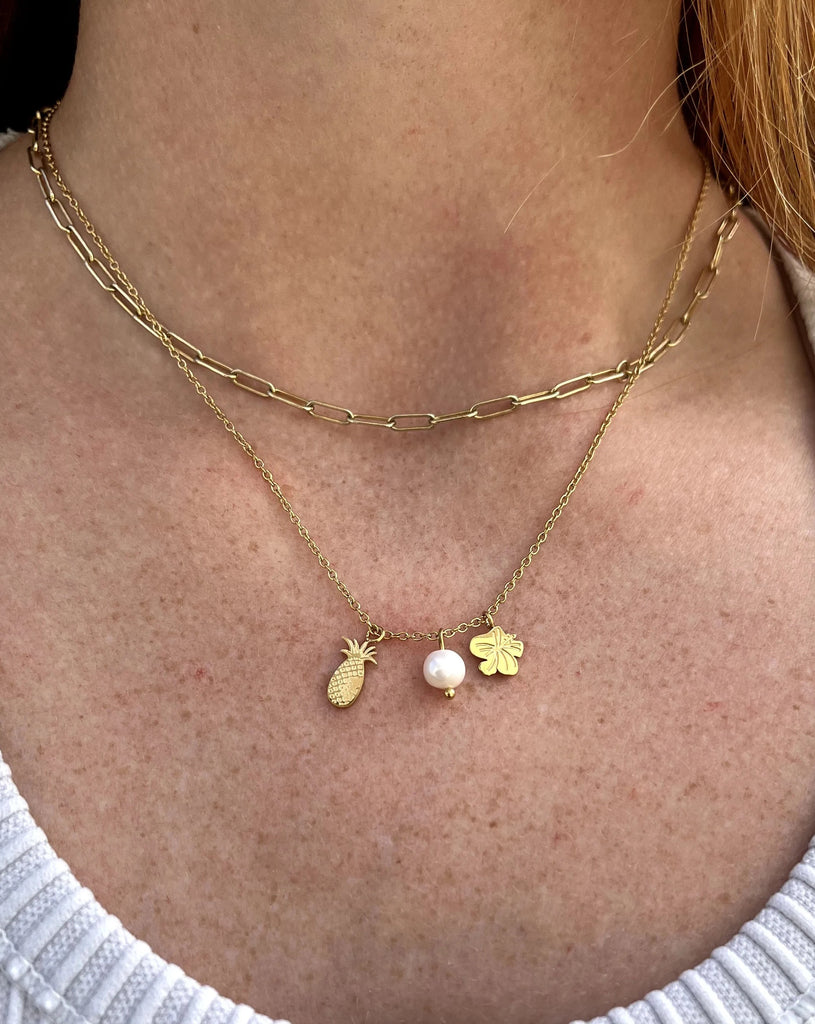 This necklace includes 3 different small-sized charms: pineapple, hibiscus flower, and a white pearl; All elements that will serve as little "Reminders of Hawaii"