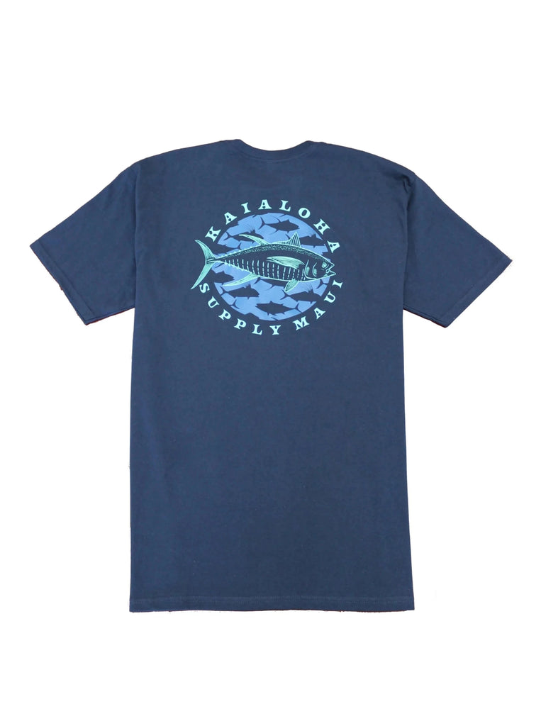 KaiAloha fish design with brand writing. Featured on front left chest and enlarged on center back.