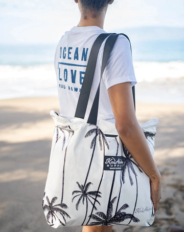 All outside closures are made with a waterproof zipper! The tote bag features an additional accessory zip pocket inside for your phone and keys. Made with Aloha!